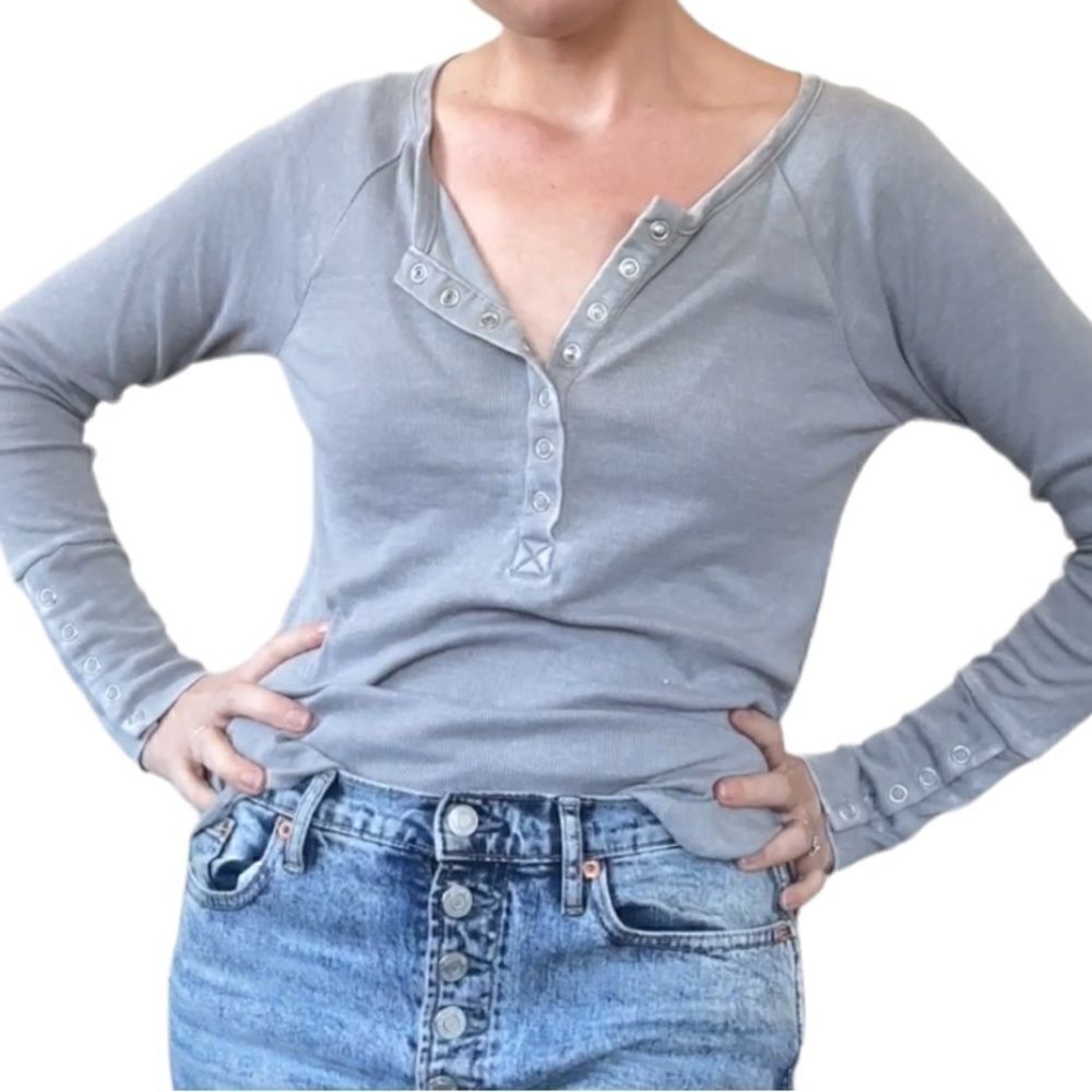 Chaser Ribbed Long Sleeve Henley Top Light Grey M